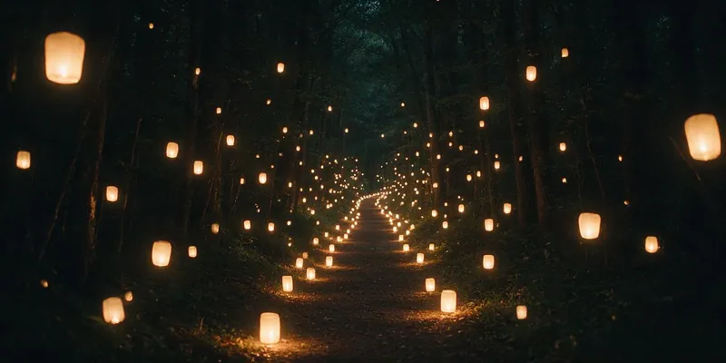 Sentier illuminé de lanternes flottantes traversant une forêt sombre, symbolisant le chemin de l'exploration personnelle, ambiance mystérieuse et bienveillante,