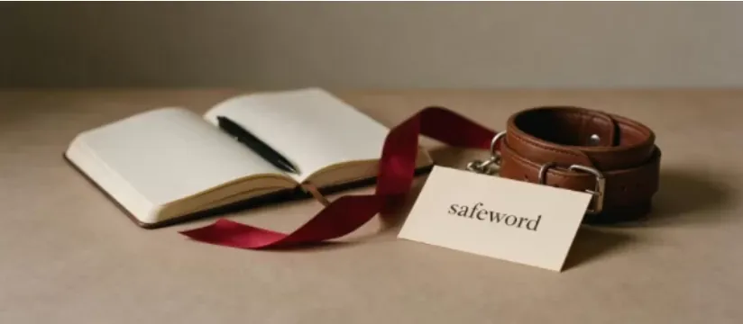 Règles de punition BDSM consensuelle avec safeword, carnet et accessoires de discipline