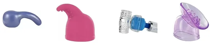  Collection complète d'accessoires pour baguettes magiques, incluant divers embouts et étuis. Comparaison visuelle des options disponibles pour le Hitachi Magic Wand et autres vibromasseurs de type wand.