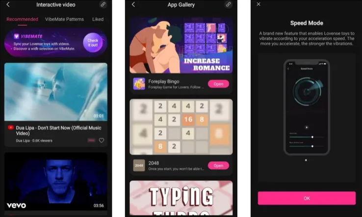 Exemples de synchronisation de musique et de vidéos avec l'application Lovense Remote, de jeux et de modes de vitesse