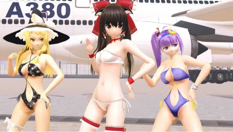 Trois femmes en tenue légère devant un avion A380, illustration pour un jeu porno VR avec thème aéronautique et personnages personnalisables