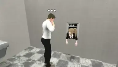 Capture d'écran du jeu porno VR Coincé Panique d'alarme incendie, un jeu vr porno gratuit sur navigateur avec humour et scénario érotique